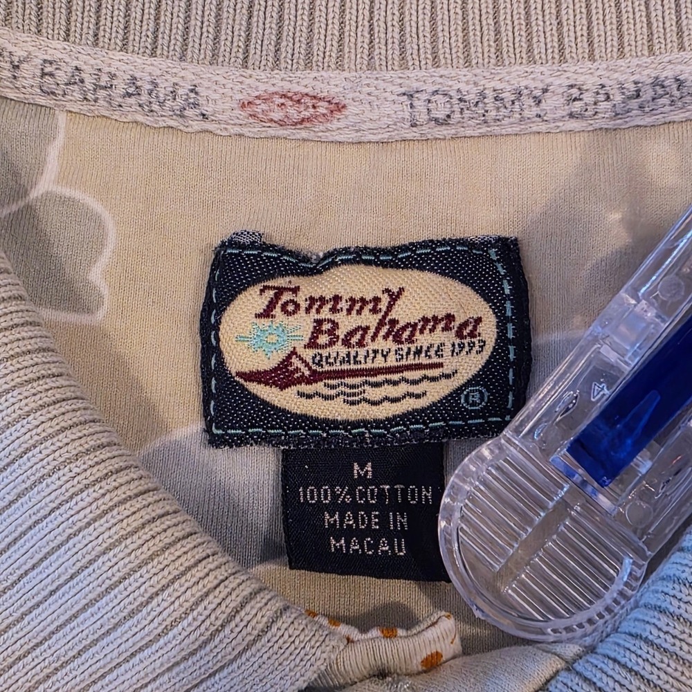 Tommy Bahama Floral Polo Shirt Mens Medium Tan Blue‎ Tropical Hibiscus Cotton - Picture 4 of 11
